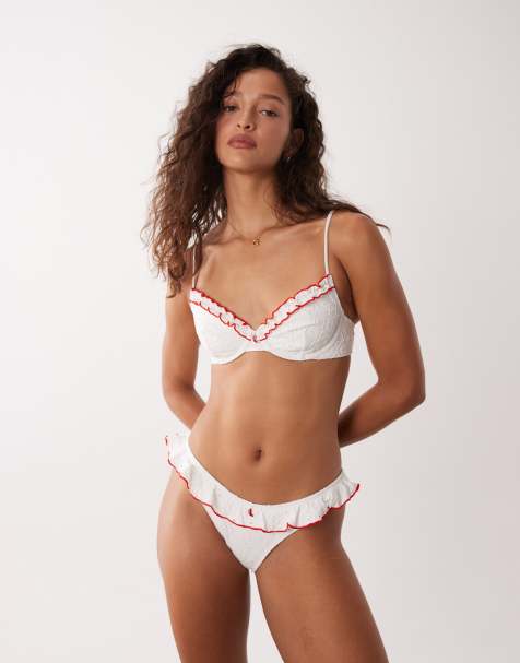 ASOS DESIGN Brynn Broderie frilly underwired bikini top with chili charm in white - view 1