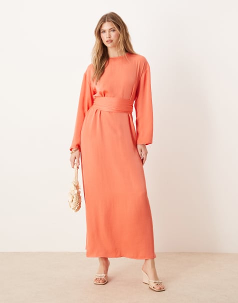 ASOS DESIGN tie back satin maxi dress in bright peach