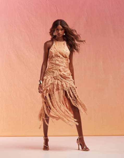 ASOS DESIGN lace trim racer mini dress with ruffle disheveled hem in peach