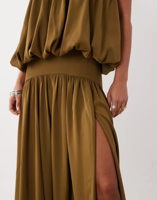 ASOS DESIGN bubble bandeau full skirt maxi dress in deep olive, 2 of 4