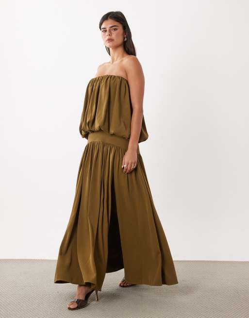 ASOS DESIGN bubble bandeau full skirt maxi dress in deep olive, 4 of 4