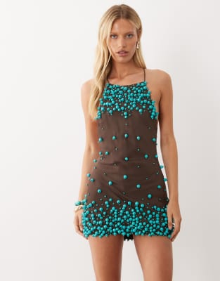 ASOS DESIGN bubble bead halter shift mini dress in chocolate &amp; turquoise | A
