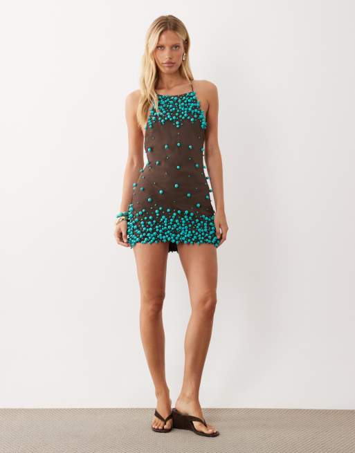 ASOS DESIGN bubble bead halter shift mini dress in chocolate & turquoise, 3 of 4