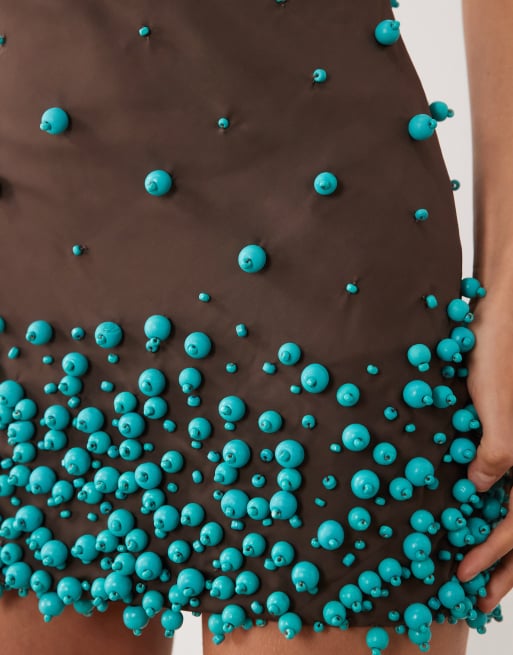 ASOS DESIGN bubble bead halter shift mini dress in chocolate & turquoise, 4 of 4