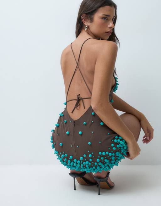 ASOS DESIGN bubble bead halter shift mini dress in chocolate & turquoise, 5 of 5
