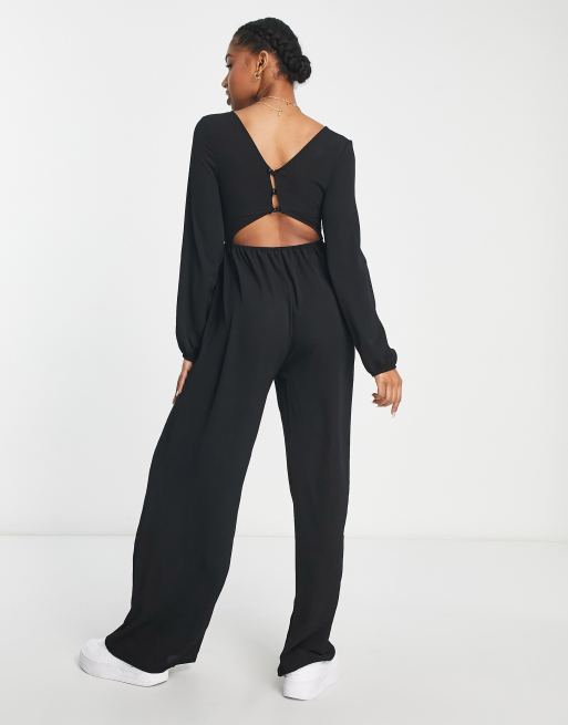 ASOS DESIGN bubble crepe button back long sleeve jumpsuit in black