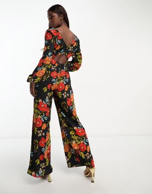 Asos Design Bubble Crepe Button Back Long Sleeve Jumpsuit In Floral Print-multi