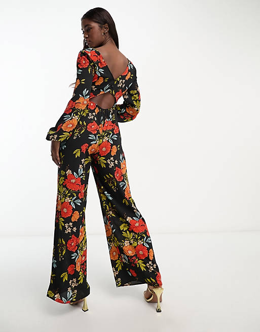 ASOS DESIGN bubble crepe button back long sleeve jumpsuit in floral print |  ASOS