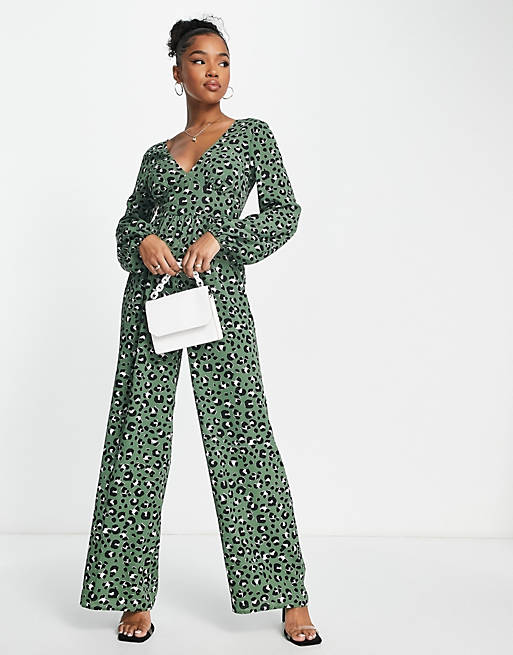 ASOS DESIGN bubble crepe button back long sleeve jumpsuit in leopard print