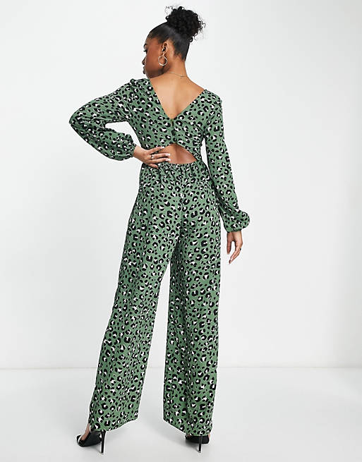 ASOS DESIGN bubble crepe button back long sleeve jumpsuit in leopard print  | ASOS