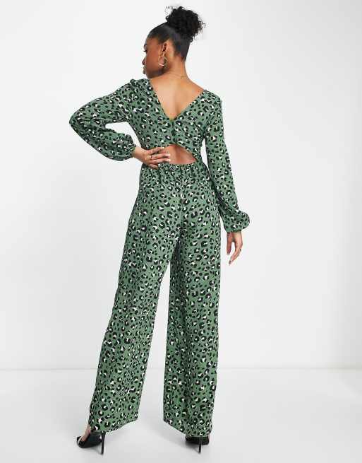 ASOS DESIGN bubble crepe button back long sleeve jumpsuit in leopard print