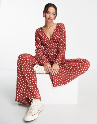 Asos Design Bubble Crepe Button Back Long Sleeve Jumpsuit In Rust Spot-red