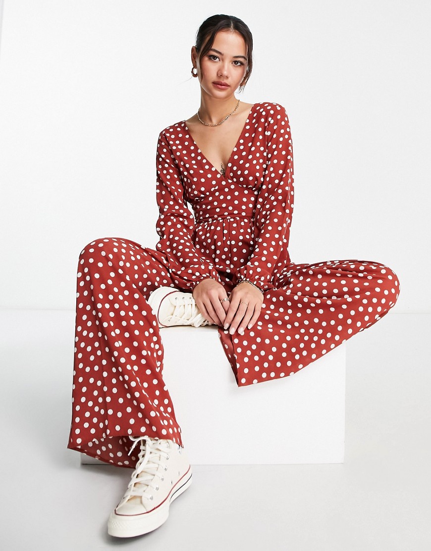 ASOS DESIGN bubble crepe button back long sleeve jumpsuit in rust spot-Red