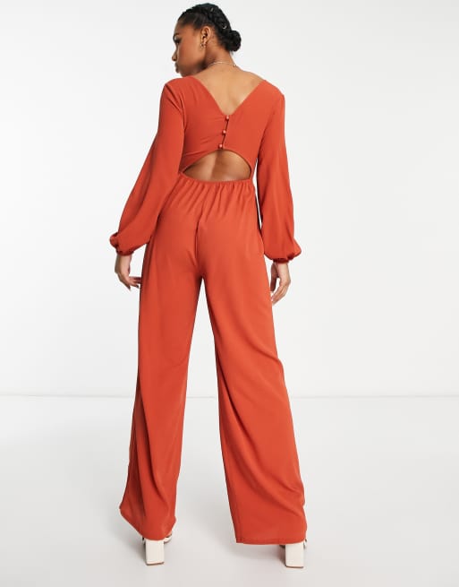 ASOS DESIGN button front crochet wide leg jumpsuit in rust