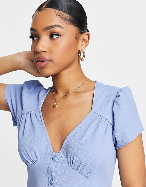 ASOS Synthetic Bubble Crepe Cap Sleeve Tea Button Front Jumpsuit in Blue Womens Clothing Jumpsuits and rompers Full-length jumpsuits and rompers 