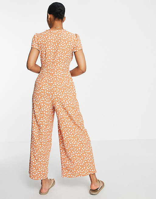 Womens Clothing Jumpsuits and rompers Full-length jumpsuits and rompers ASOS Bubble Crepe Cap Sleeve Tea Button Front Jumpsuit in Orange 