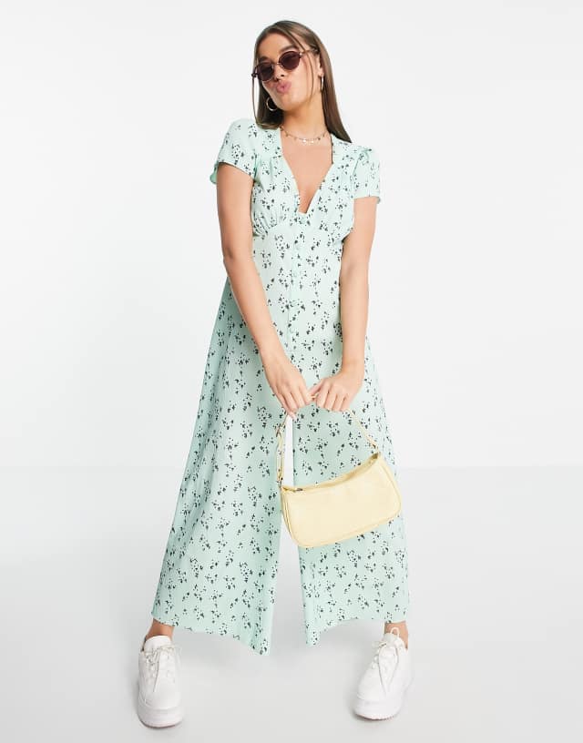 ASOS DESIGN bubble crepe cap sleeve tea button front jumpsuit in sage micro floral