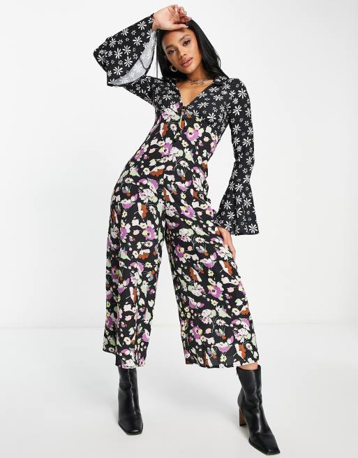 ASOS DESIGN bubble crepe frill sleeve tea jumpsuit in mixed print | ASOS