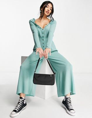 ASOS DESIGN bubble crepe long sleeve milkmaid tea jumpsuit in dark sage - ASOS Price Checker