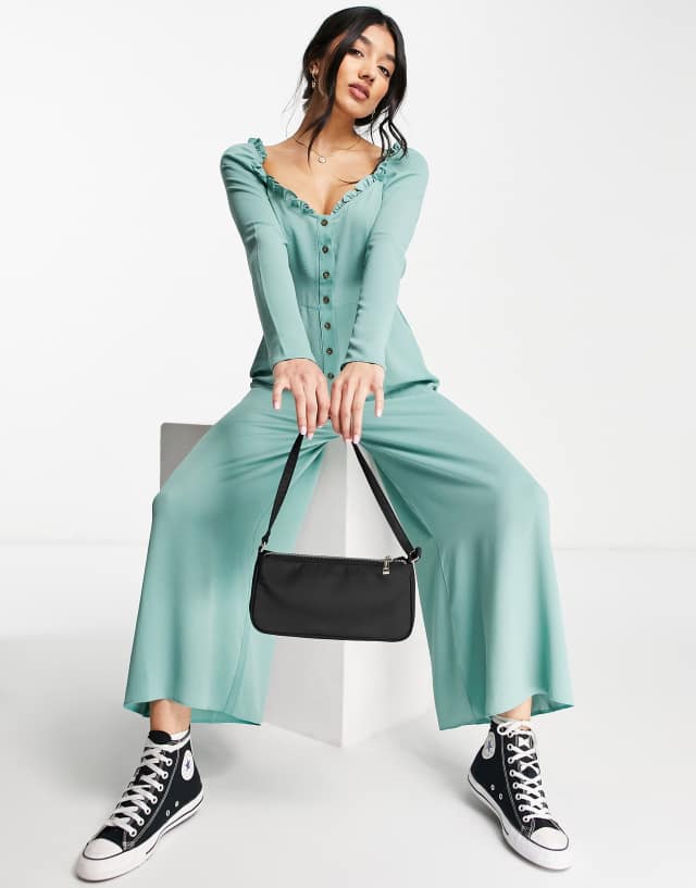 ASOS DESIGN bubble crepe long sleeve milkmaid tea jumpsuit in dark sage