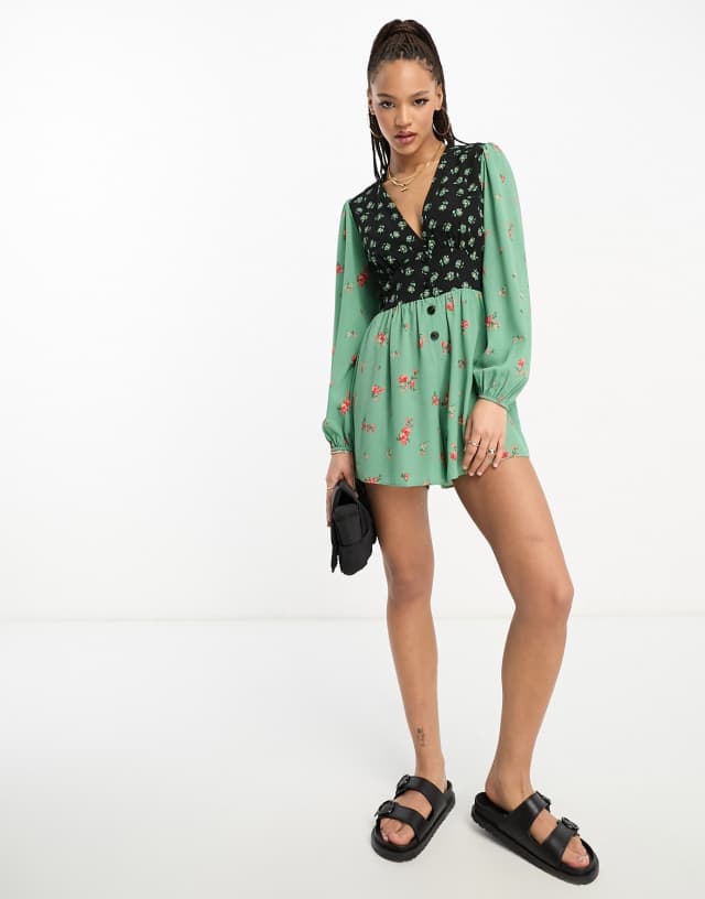 ASOS DESIGN bubble crepe plunge neck romper with puff sleeve in mixed print