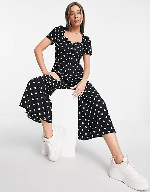 ASOS DESIGN bubble crepe short sleeve milkmaid midi jumpsuit in mono polka dot