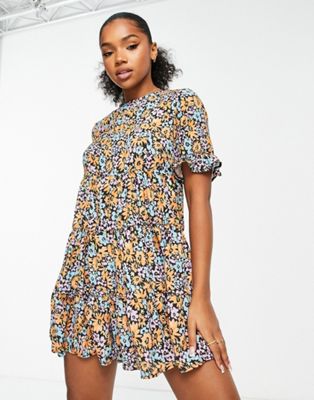 ASOS DESIGN bubble crepe short sleeve tiered smock playsuit in floral print