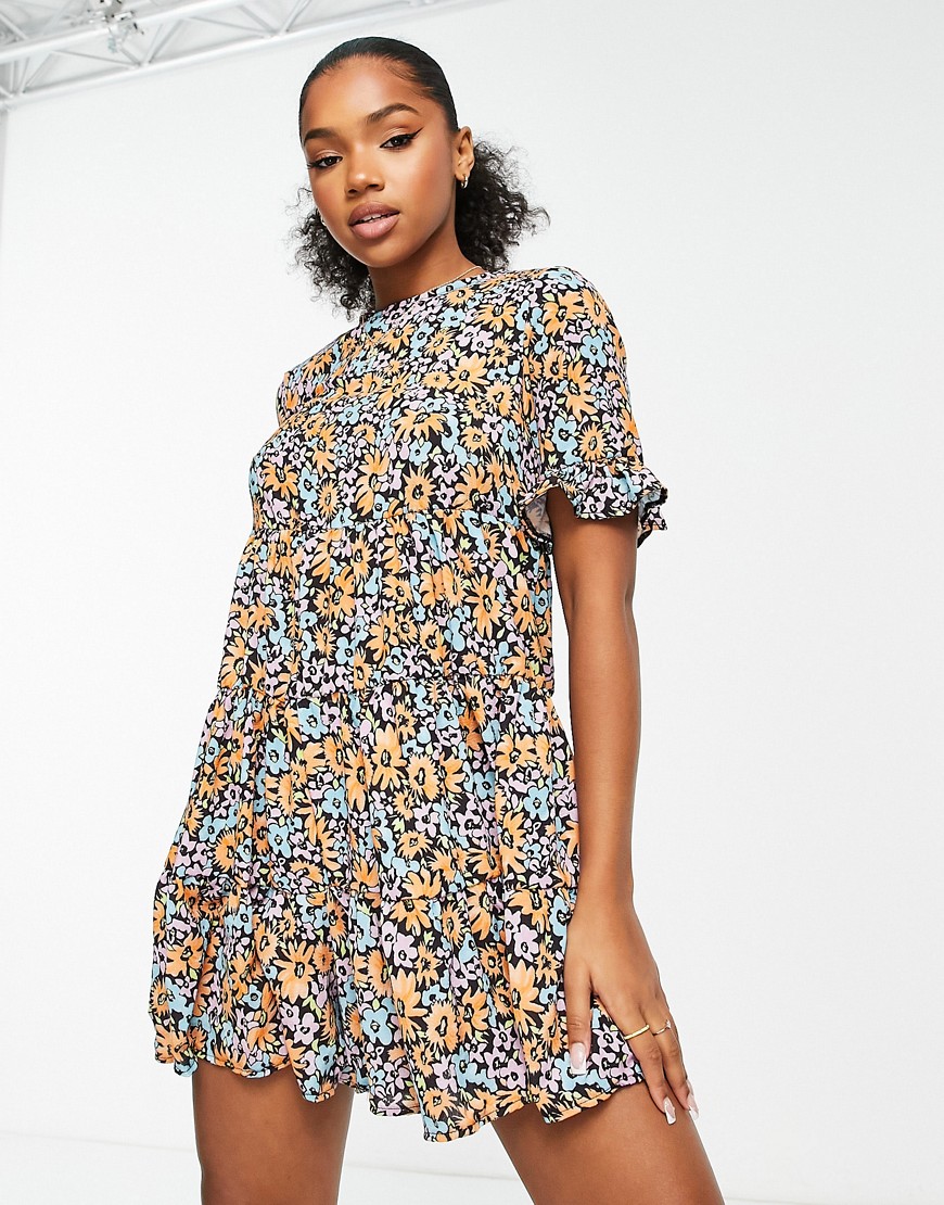 ASOS DESIGN bubble crepe short sleeve tiered smock playsuit in floral print-Multi