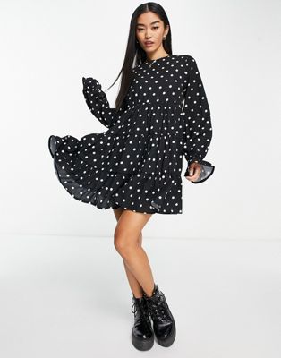 ASOS DESIGN bubble crepe tiered smock playsuit in mono spot