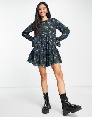 Asos Studio Happy Asos Design Bubble Crepe Tiered Smock Romper In Neon Mini Ditsy-multi