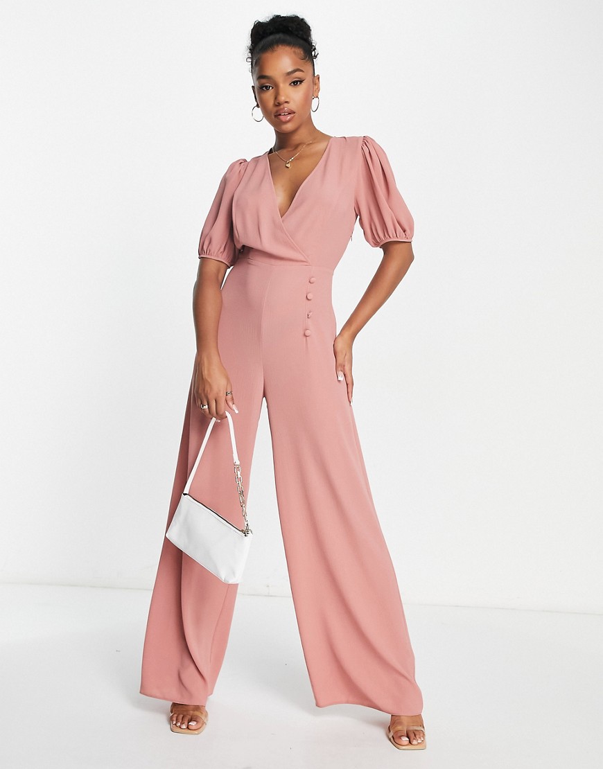 Asos Design Bubble Crepe V Neck Puff Sleeve Jumpsuit In Dark Blush-pink