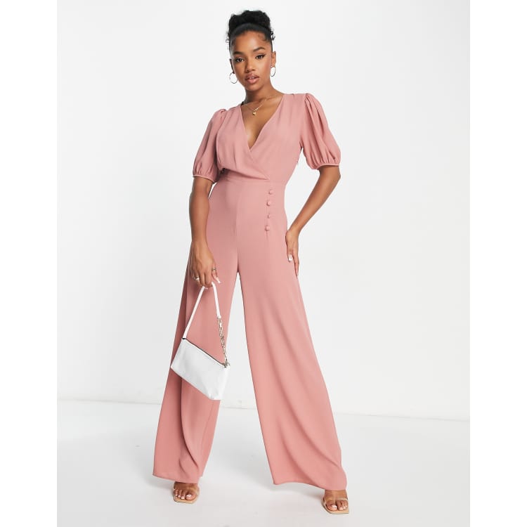 ASOS DESIGN bubble crepe v neck puff sleeve jumpsuit in dark blush