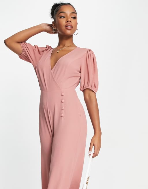 ASOS DESIGN easy button-front coveralls with pockets in blush