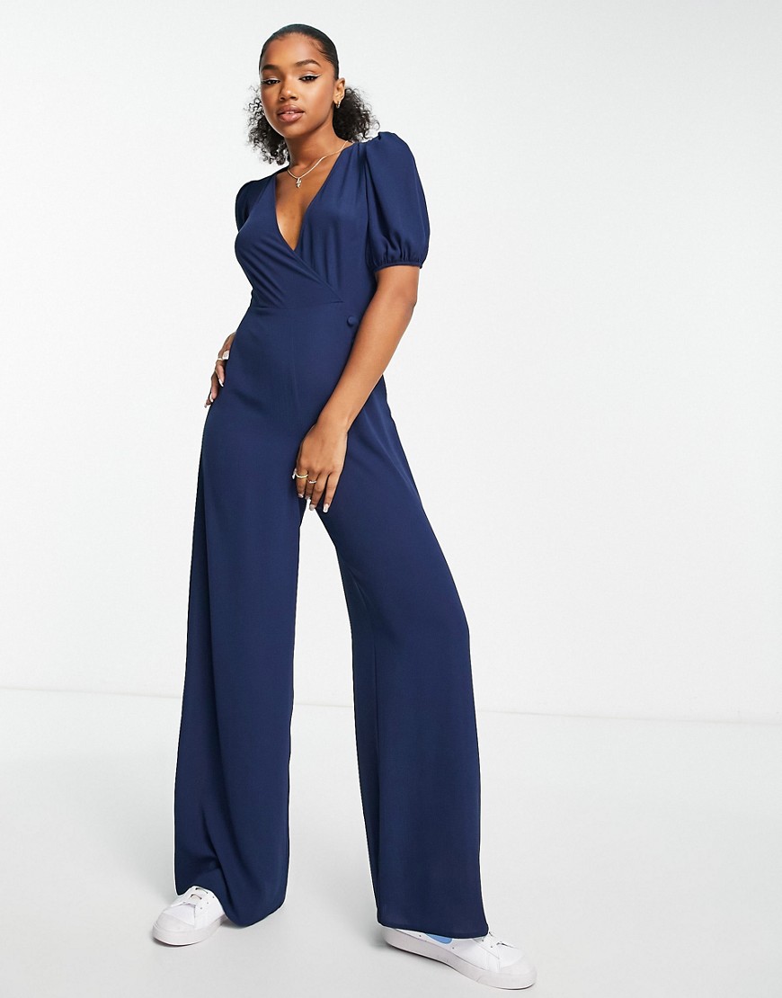 ASOS DESIGN bubble crepe v neck puff sleeve jumpsuit in navy