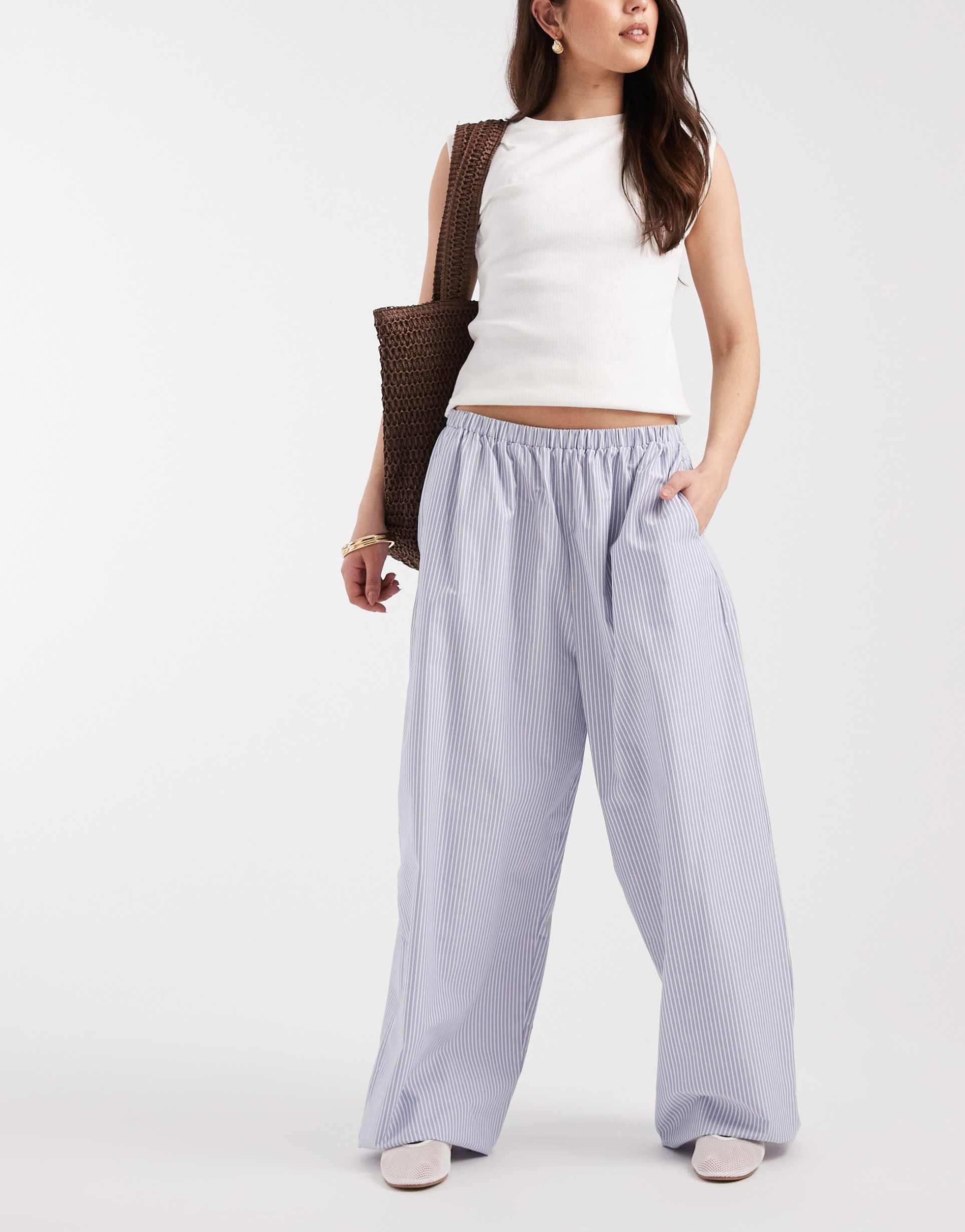 asos design bubble hem balloon pants in blue stripes