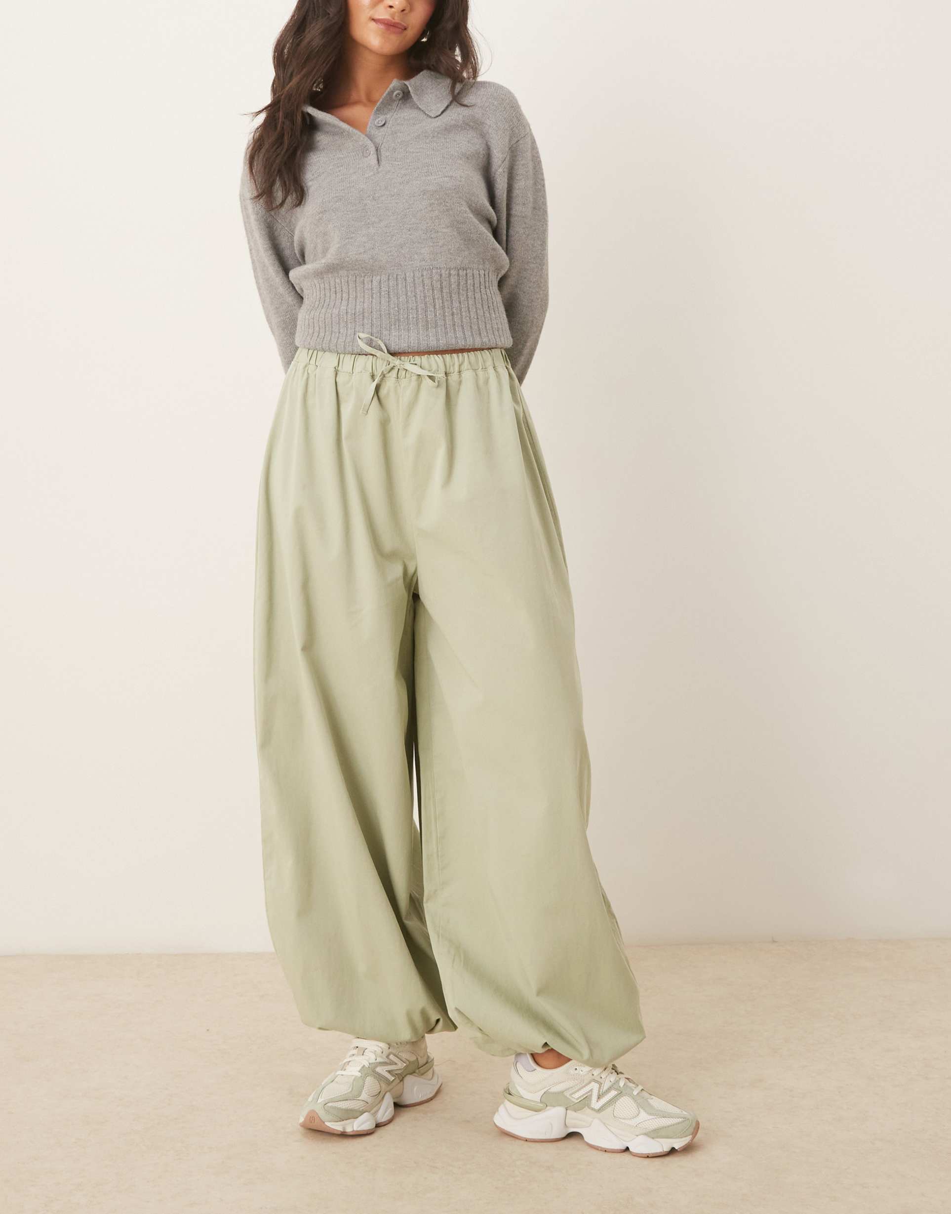 asos design bubble hem cotton pants in sage green