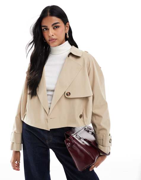 ASOS DESIGN bubble hem cropped trench coat in stone - view 1