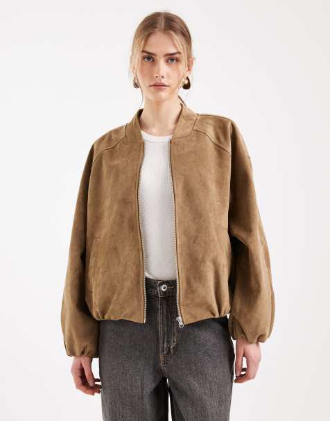 ASOS DESIGN bubble hem faux suede bomber jacket in tan - view 1