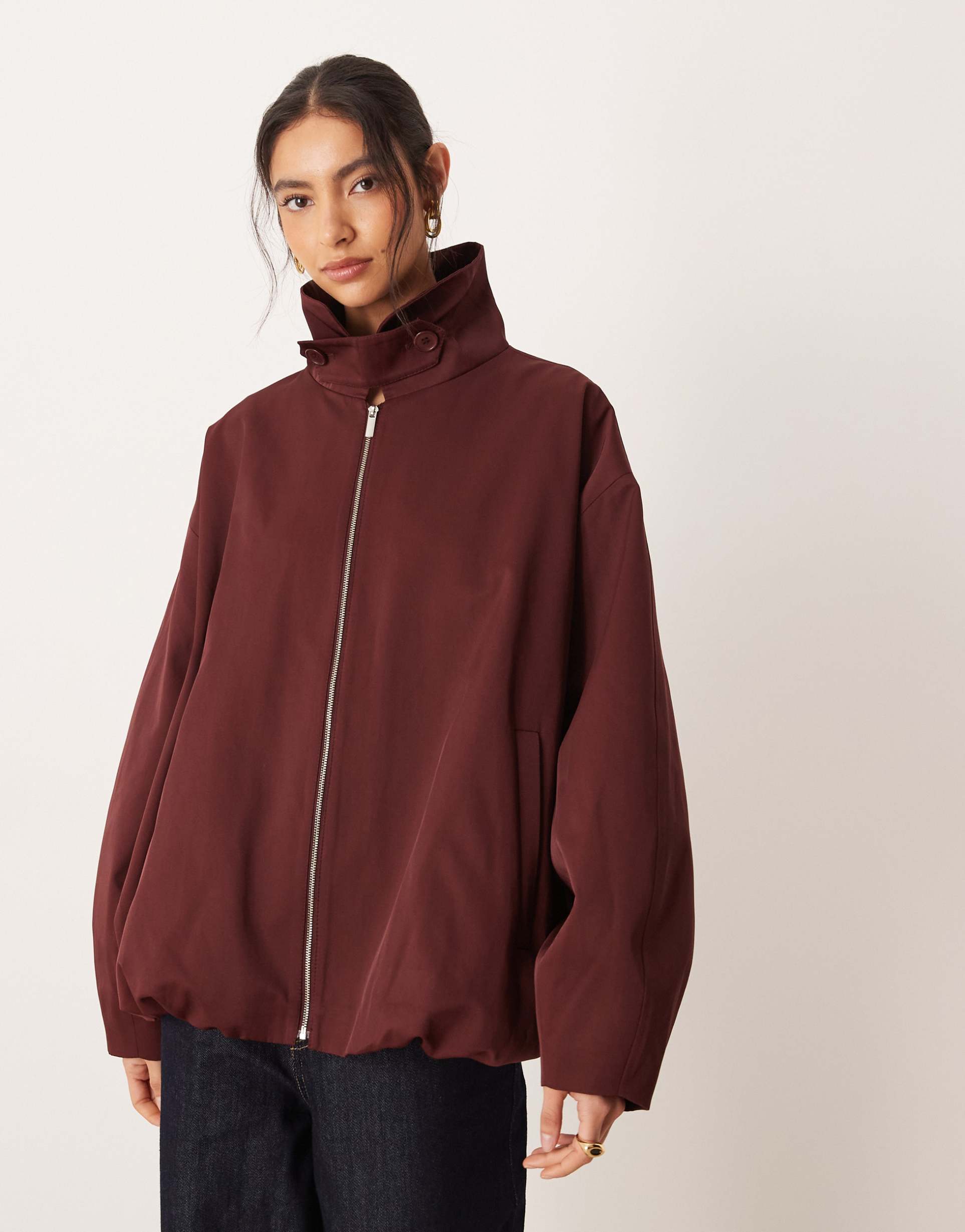 asos design bubble hem funnel neck trench jacket in plum