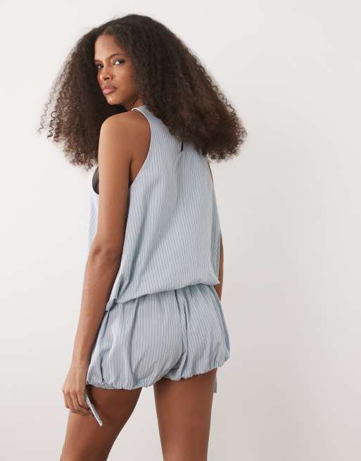 ASOS DESIGN bubble hem halter neck top co ord in blue check, 2 of 4