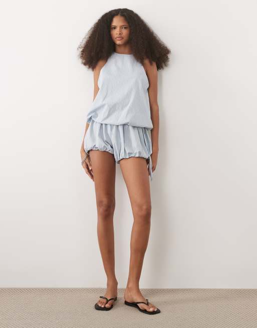 ASOS DESIGN bubble hem halter neck top co ord in blue check, 3 of 4