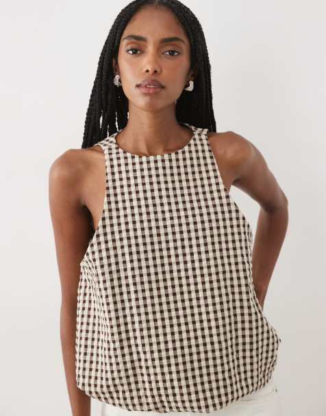 ASOS DESIGN bubble hem halter neck top co ord in  brown gingham - view 1