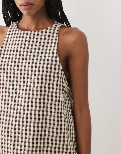 ASOS DESIGN bubble hem halter neck top co ord in  brown gingham, 3 of 4