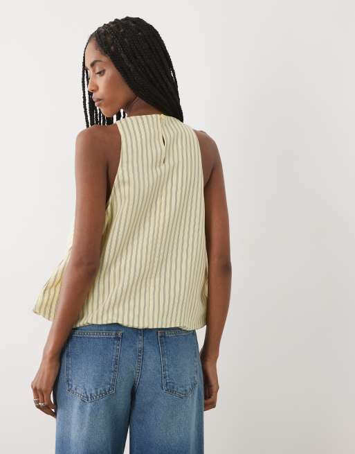 ASOS DESIGN bubble hem halter neck top co ord in buttermilk stripe, 4 of 4