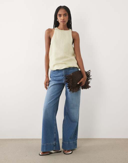ASOS DESIGN bubble hem halter neck top set in buttermilk stripe, 3 of 4