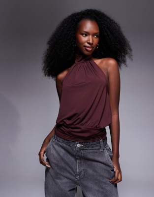 Asos Design Bubble Hem Halter Top With Cinched Band Hem In Burgundy