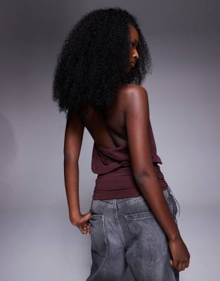 Asos Design Bubble Hem Halter Top With Cinched Band Hem In Burgundy