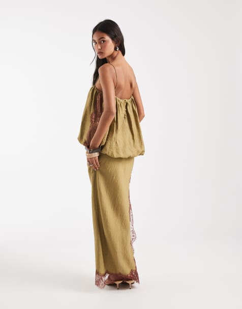 ASOS DESIGN bubble hem lace applique midi dress in khaki - view 1