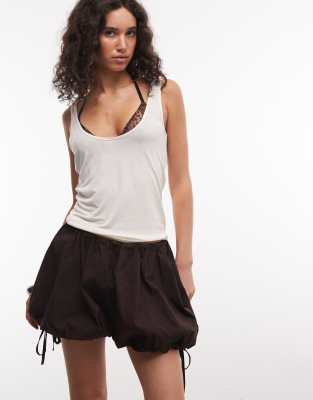 Asos Design Bubble Hem Mini Shorts With Tie Detail In Brown
