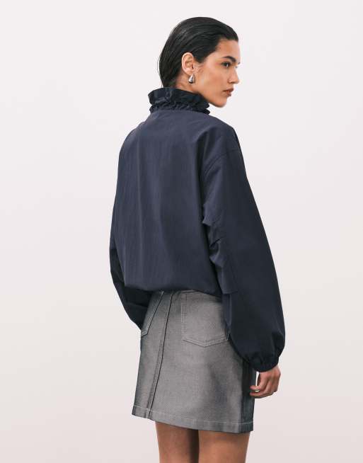 ASOS DESIGN bubble hem nylon track jacket in navy, 4 of 4